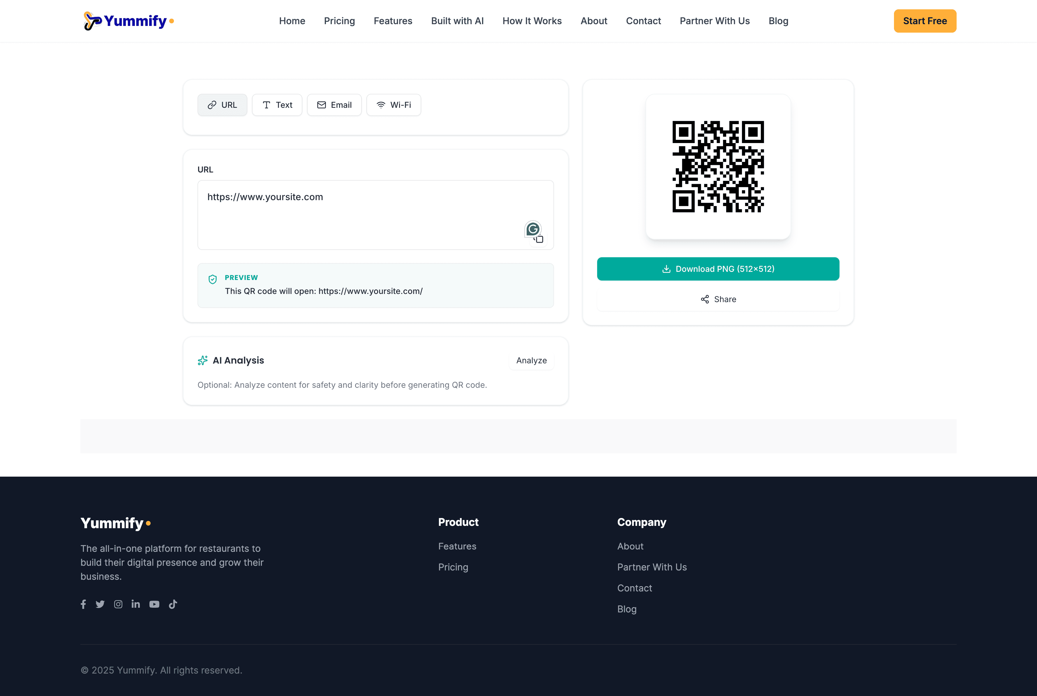 Example of ToolGrid QR Code Generator embedded on a sample site named Yummify